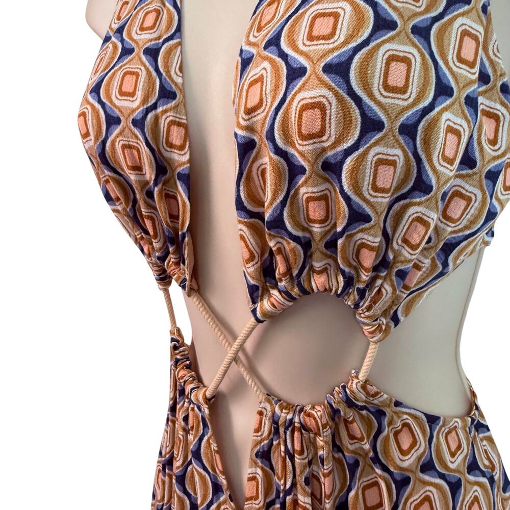Seventeenstars Cut Out Maxi Dress Side Slit Blue Gold Cream Retro Print - Picture 10 of 16
